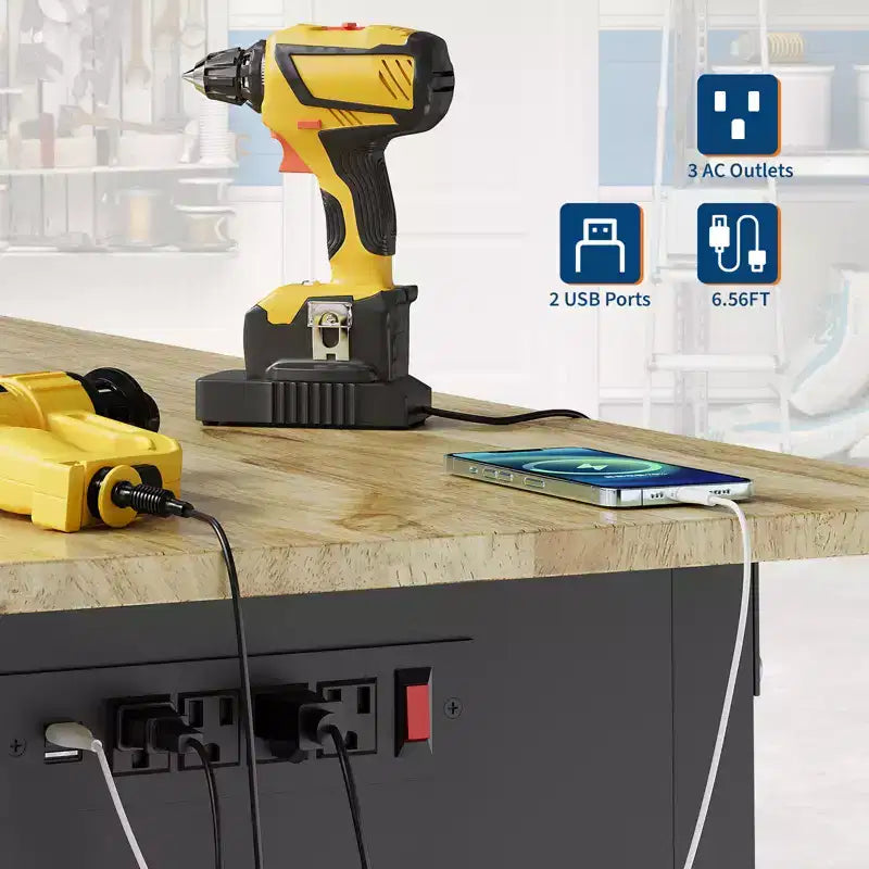 Heavy Duty Workbench with Power Outlet, Adjustable Height Wood Top, Rolling Work Table for Garage Workshop