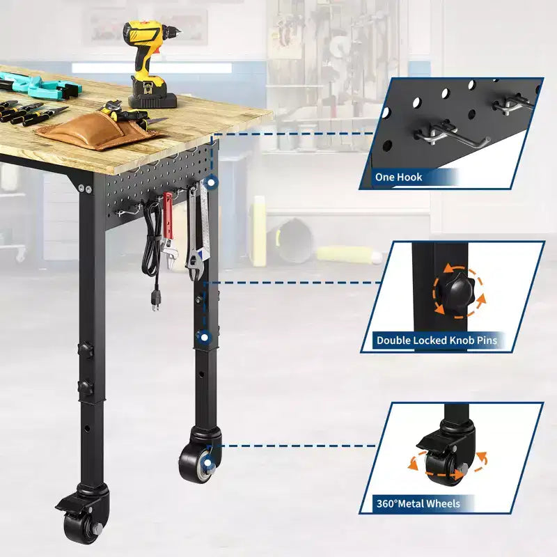 COZONY Heavy Duty Workbench with Power Outlet, Adjustable Height Wood Top, Rolling Work Table for Garage Workshop