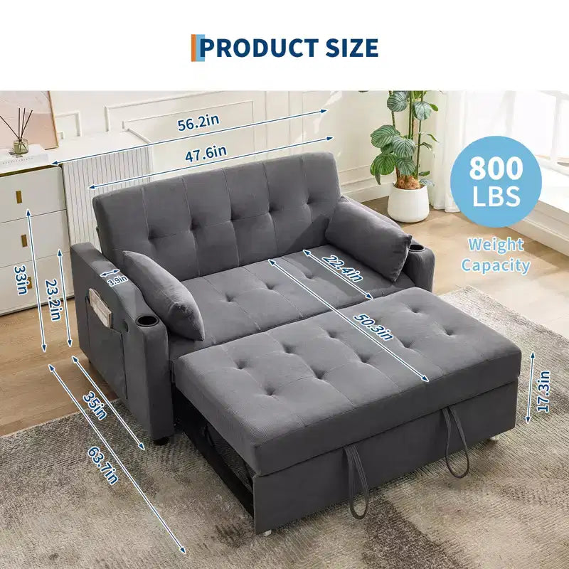 3 in 1 Convertible Sleeper Sofa Bed, Modern Upholstered Sofa, Corduroy Sleeper Loveseat with Pull-Out Bed, Adjustable Backrest, for Living Room