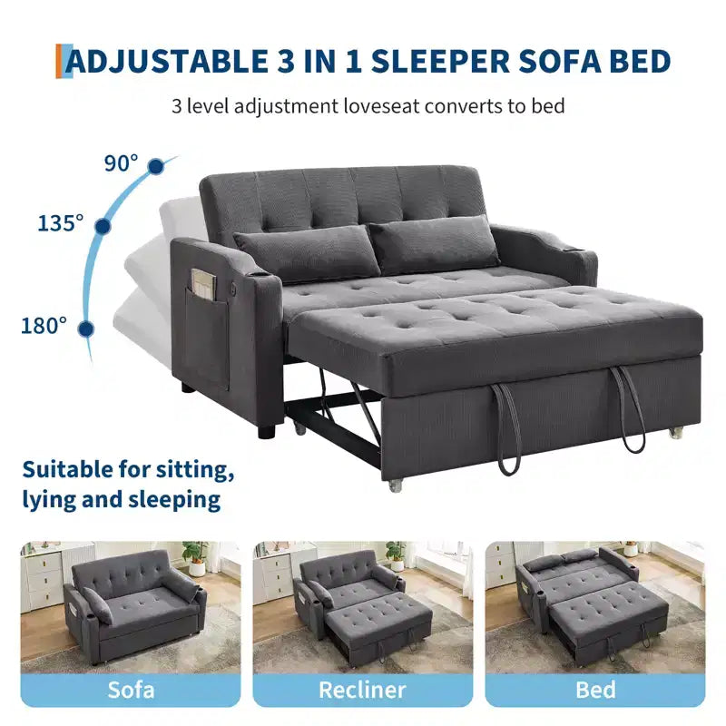 3 in 1 Convertible Sleeper Sofa Bed, Modern Upholstered Sofa, Corduroy Sleeper Loveseat with Pull-Out Bed, Adjustable Backrest, for Living Room