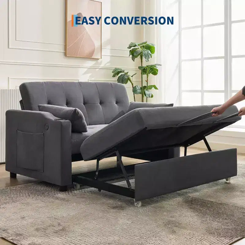 3 in 1 Convertible Sleeper Sofa Bed, Modern Upholstered Sofa, Corduroy Sleeper Loveseat with Pull-Out Bed, Adjustable Backrest, for Living Room
