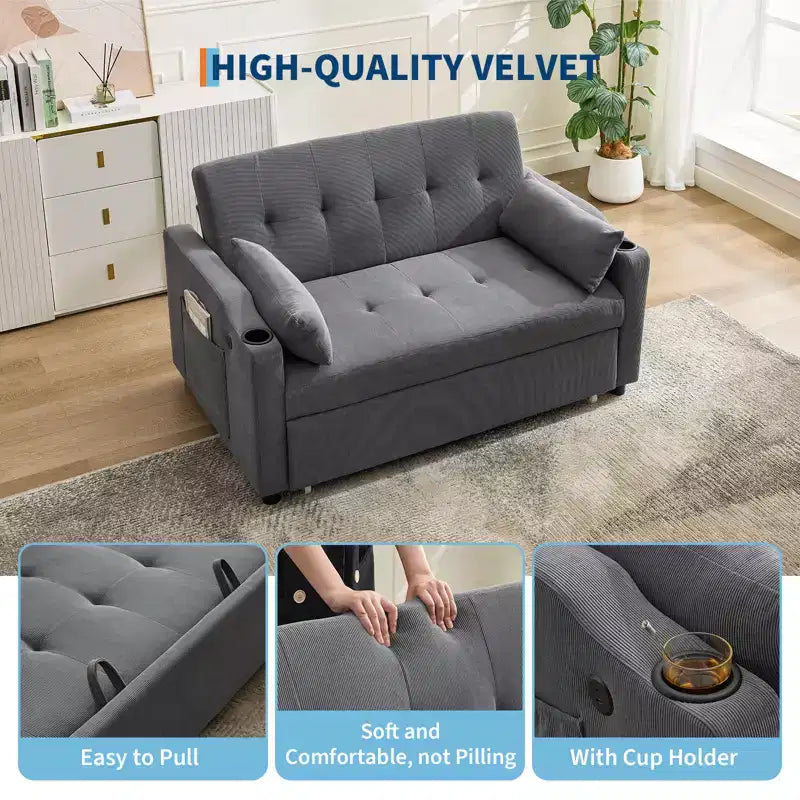 3 in 1 Convertible Sleeper Sofa Bed, Modern Upholstered Sofa, Corduroy Sleeper Loveseat with Pull-Out Bed, Adjustable Backrest, for Living Room