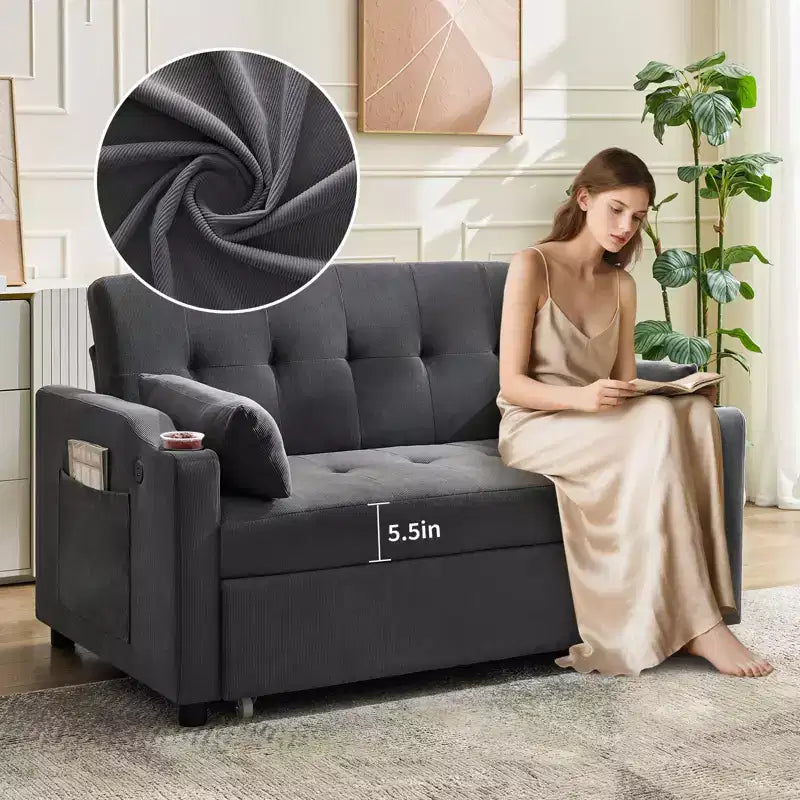 3 in 1 Convertible Sleeper Sofa Bed, Modern Upholstered Sofa, Corduroy Sleeper Loveseat with Pull-Out Bed, Adjustable Backrest, for Living Room