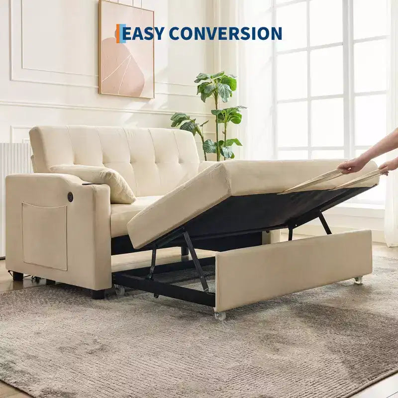 3 in 1 Convertible Sleeper Sofa Bed, Modern Upholstered Sofa, Corduroy Sleeper Loveseat with Pull-Out Bed, Adjustable Backrest, for Living Room