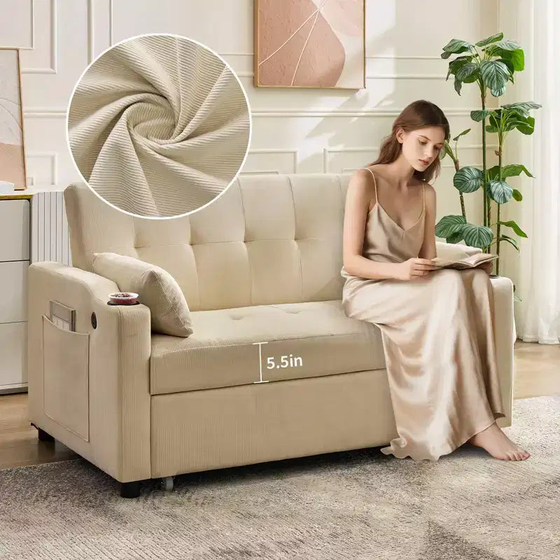 3 in 1 Convertible Sleeper Sofa Bed, Modern Upholstered Sofa, Corduroy Sleeper Loveseat with Pull-Out Bed, Adjustable Backrest, for Living Room