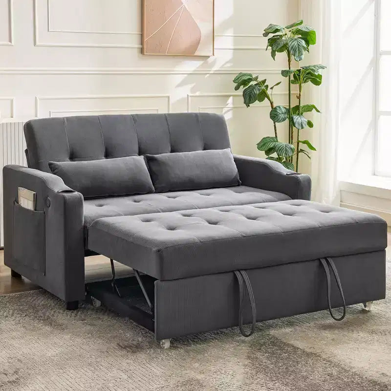 3 in 1 Convertible Sleeper Sofa Bed, Modern Upholstered Sofa, Corduroy Sleeper Loveseat with Pull-Out Bed, Adjustable Backrest, for Living Room