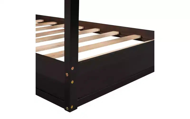 Twin Size L-Shaped Wood House Bed for 2 Kids, L shaped Corner Daybed with Fence and Slatted Frame for Bedroom
