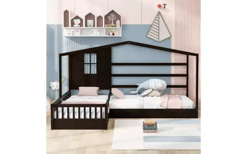 Twin Size L-Shaped Wood House Bed for 2 Kids, L shaped Corner Daybed with Fence and Slatted Frame for Bedroom