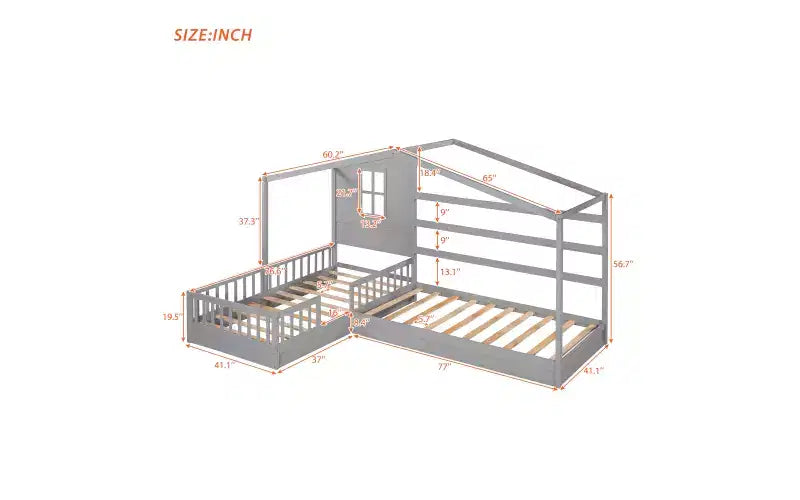 Twin Size L-Shaped Wood House Bed for 2 Kids, L shaped Corner Daybed with Fence and Slatted Frame for Bedroom