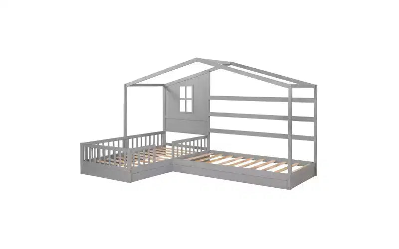 Twin Size L-Shaped Wood House Bed for 2 Kids, L shaped Corner Daybed with Fence and Slatted Frame for Bedroom