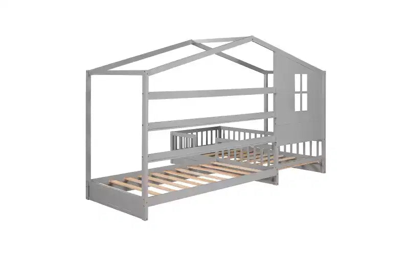 Twin Size L-Shaped Wood House Bed for 2 Kids, L shaped Corner Daybed with Fence and Slatted Frame for Bedroom