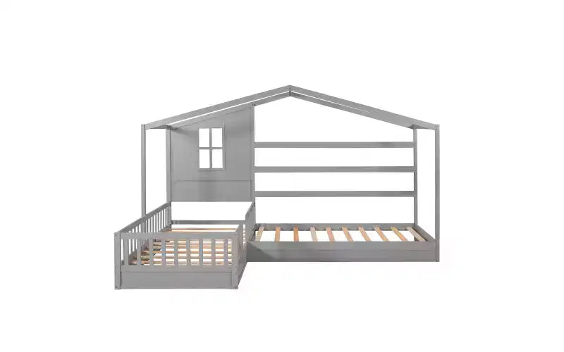 Twin Size L-Shaped Wood House Bed for 2 Kids, L shaped Corner Daybed with Fence and Slatted Frame for Bedroom