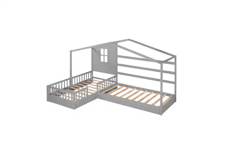 Twin Size L-Shaped Wood House Bed for 2 Kids, L shaped Corner Daybed with Fence and Slatted Frame for Bedroom