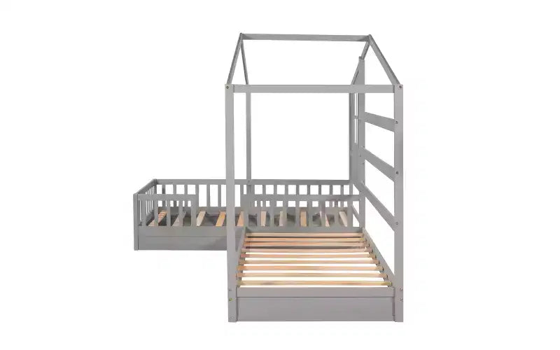 Twin Size L-Shaped Wood House Bed for 2 Kids, L shaped Corner Daybed with Fence and Slatted Frame for Bedroom