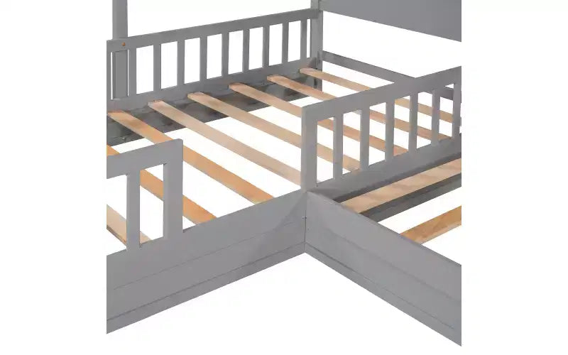 Twin Size L-Shaped Wood House Bed for 2 Kids, L shaped Corner Daybed with Fence and Slatted Frame for Bedroom