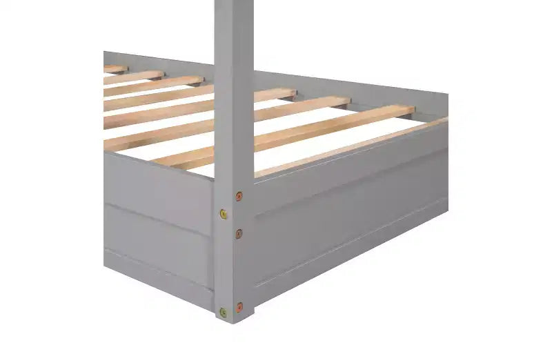 Twin Size L-Shaped Wood House Bed for 2 Kids, L shaped Corner Daybed with Fence and Slatted Frame for Bedroom