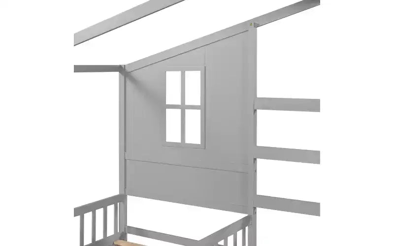 Twin Size L-Shaped Wood House Bed for 2 Kids, L shaped Corner Daybed with Fence and Slatted Frame for Bedroom