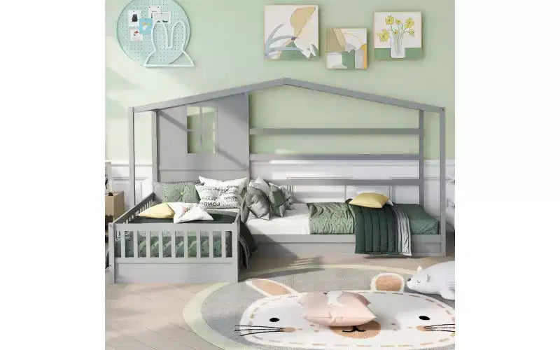 Twin Size L-Shaped Wood House Bed for 2 Kids, L shaped Corner Daybed with Fence and Slatted Frame for Bedroom