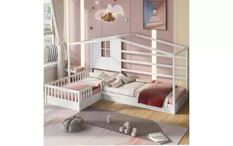 Twin Size L-Shaped Wood House Bed for 2 Kids, L shaped Corner Daybed with Fence and Slatted Frame for Bedroom