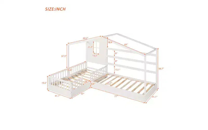 Twin Size L-Shaped Wood House Bed for 2 Kids, L shaped Corner Daybed with Fence and Slatted Frame for Bedroom