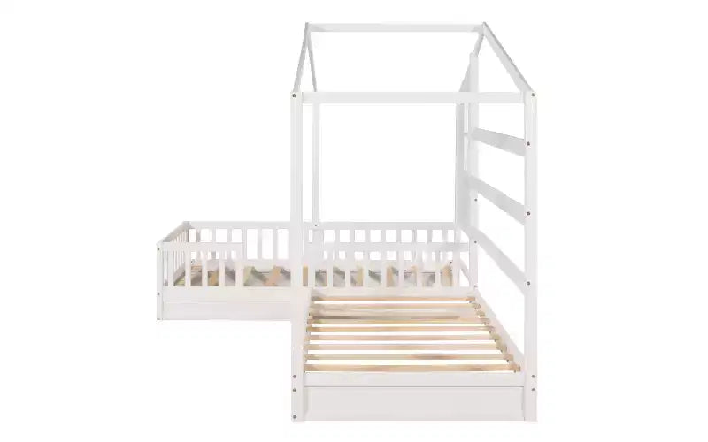 Twin Size L-Shaped Wood House Bed for 2 Kids, L shaped Corner Daybed with Fence and Slatted Frame for Bedroom