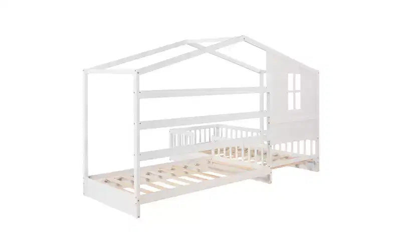 Twin Size L-Shaped Wood House Bed for 2 Kids, L shaped Corner Daybed with Fence and Slatted Frame for Bedroom