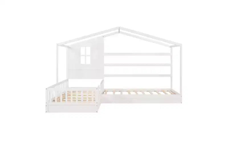 Twin Size L-Shaped Wood House Bed for 2 Kids, L shaped Corner Daybed with Fence and Slatted Frame for Bedroom