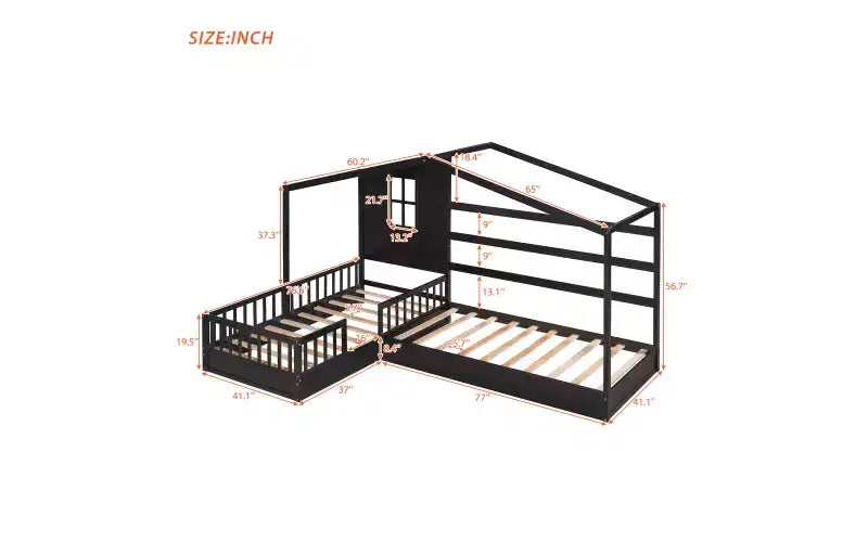 Twin Size L-Shaped Wood House Bed for 2 Kids, L shaped Corner Daybed with Fence and Slatted Frame for Bedroom