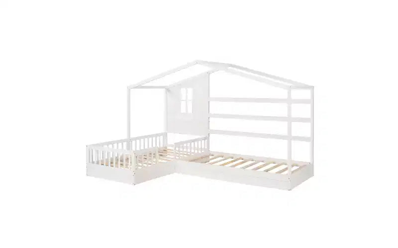 Twin Size L-Shaped Wood House Bed for 2 Kids, L shaped Corner Daybed with Fence and Slatted Frame for Bedroom