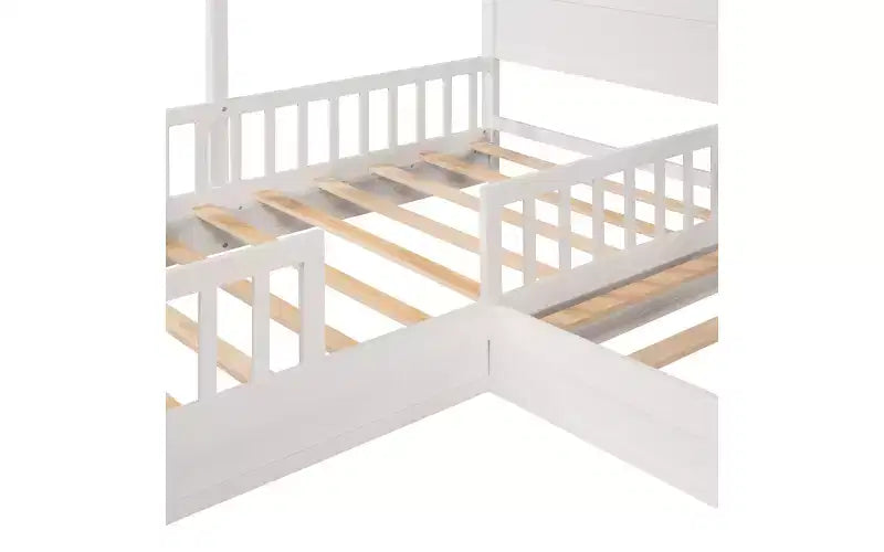 Twin Size L-Shaped Wood House Bed for 2 Kids, L shaped Corner Daybed with Fence and Slatted Frame for Bedroom