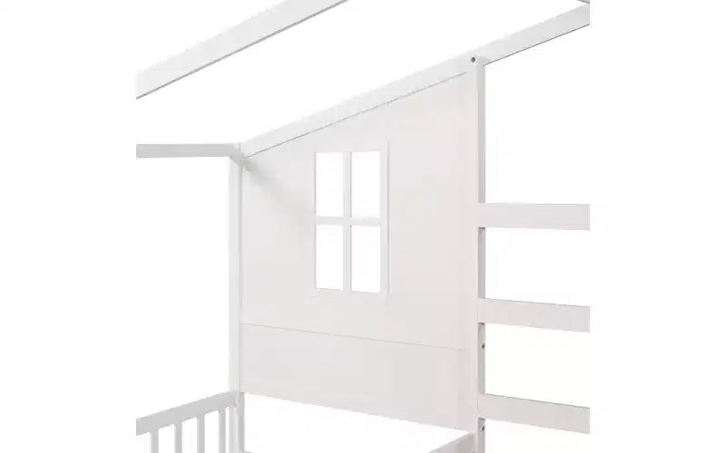 Twin Size L-Shaped Wood House Bed for 2 Kids, L shaped Corner Daybed with Fence and Slatted Frame for Bedroom
