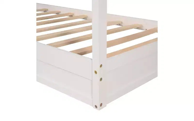 Twin Size L-Shaped Wood House Bed for 2 Kids, L shaped Corner Daybed with Fence and Slatted Frame for Bedroom