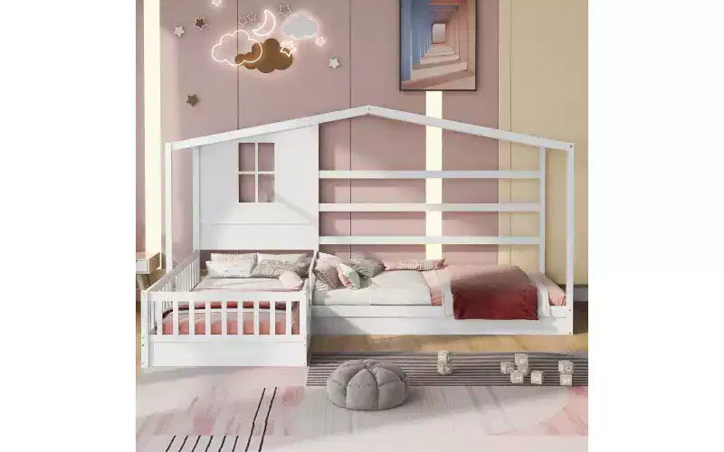 Twin Size L-Shaped Wood House Bed for 2 Kids, L shaped Corner Daybed with Fence and Slatted Frame for Bedroom