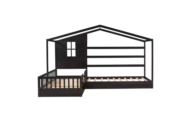 Twin Size L-Shaped Wood House Bed for 2 Kids, L shaped Corner Daybed with Fence and Slatted Frame for Bedroom