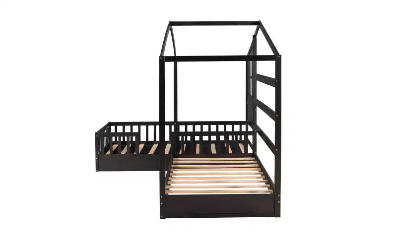 Twin Size L-Shaped Wood House Bed for 2 Kids, L shaped Corner Daybed with Fence and Slatted Frame for Bedroom