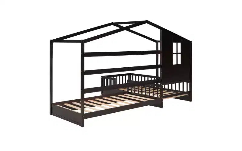 Twin Size L-Shaped Wood House Bed for 2 Kids, L shaped Corner Daybed with Fence and Slatted Frame for Bedroom