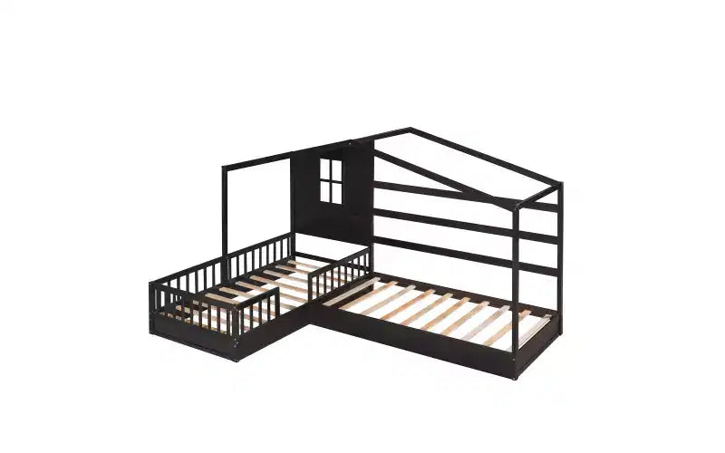Twin Size L-Shaped Wood House Bed for 2 Kids, L shaped Corner Daybed with Fence and Slatted Frame for Bedroom