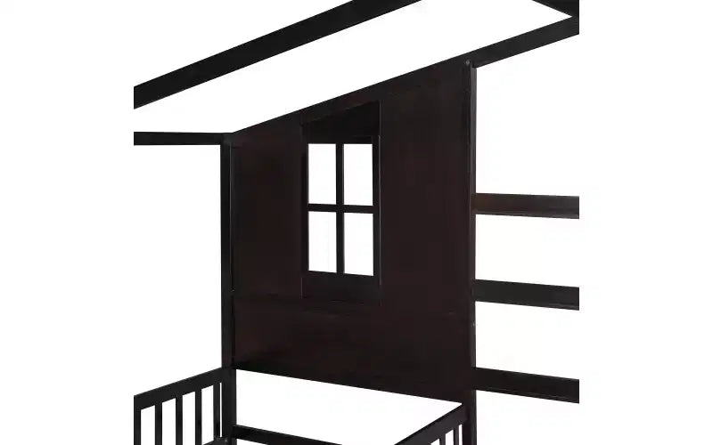 Twin Size L-Shaped Wood House Bed for 2 Kids, L shaped Corner Daybed with Fence and Slatted Frame for Bedroom