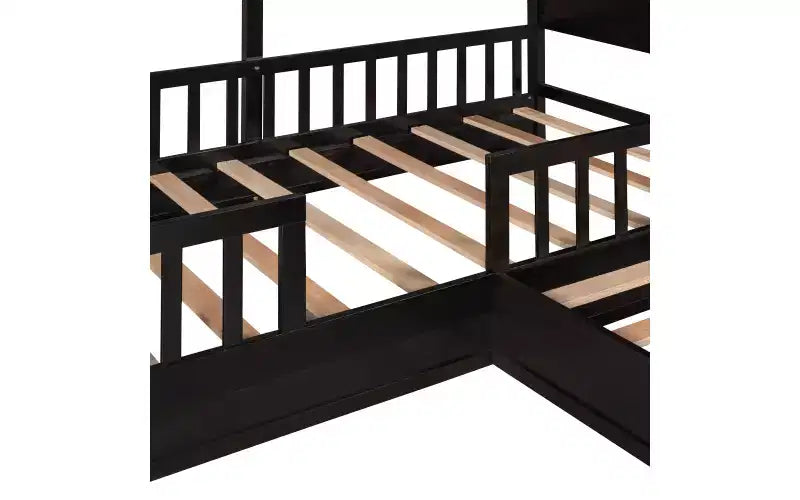 Twin Size L-Shaped Wood House Bed for 2 Kids, L shaped Corner Daybed with Fence and Slatted Frame for Bedroom
