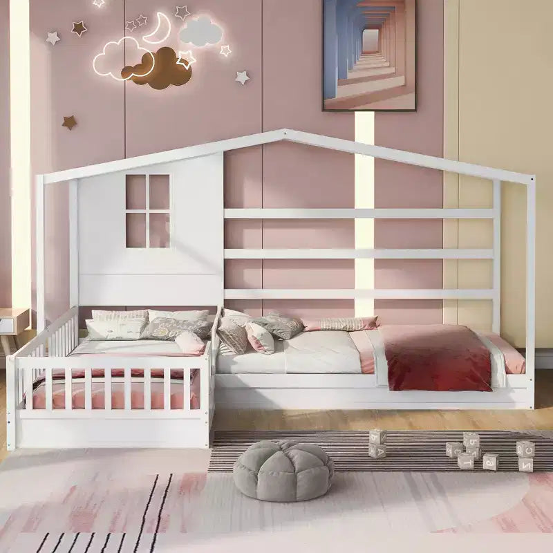Twin Size L-Shaped Wood House Bed for 2 Kids, L shaped Corner Daybed with Fence and Slatted Frame for Bedroom