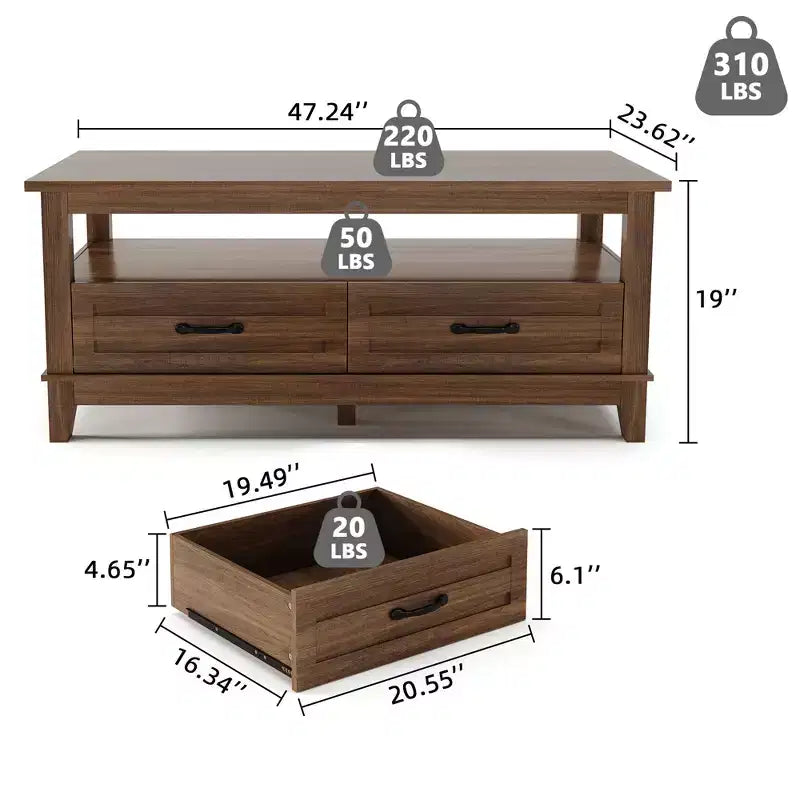 Coffee table with drawers, 47.2 inches, country style, with open shelving and 6 support legs.