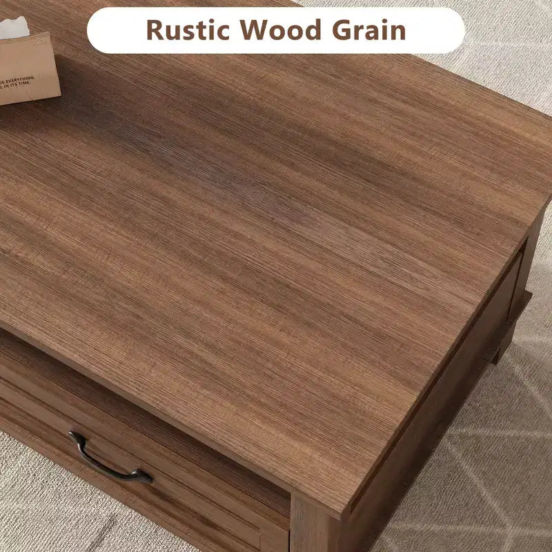 Coffee table with drawers, 47.2 inches, country style, with open shelving and 6 support legs.