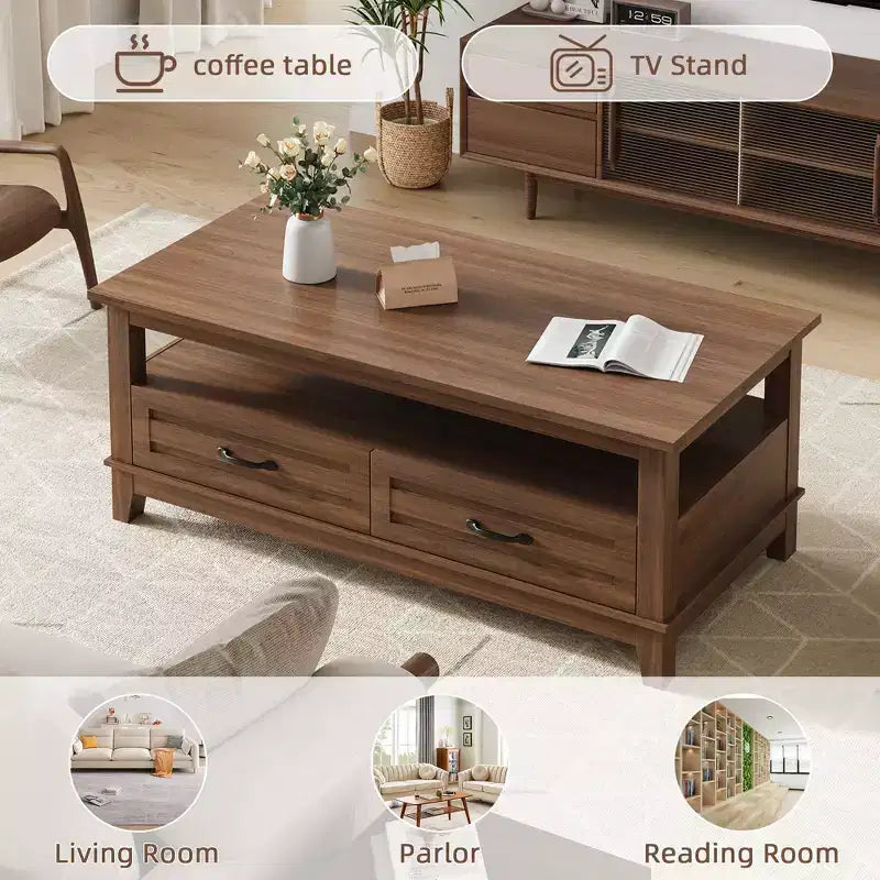 Coffee table with drawers, 47.2 inches, country style, with open shelving and 6 support legs.
