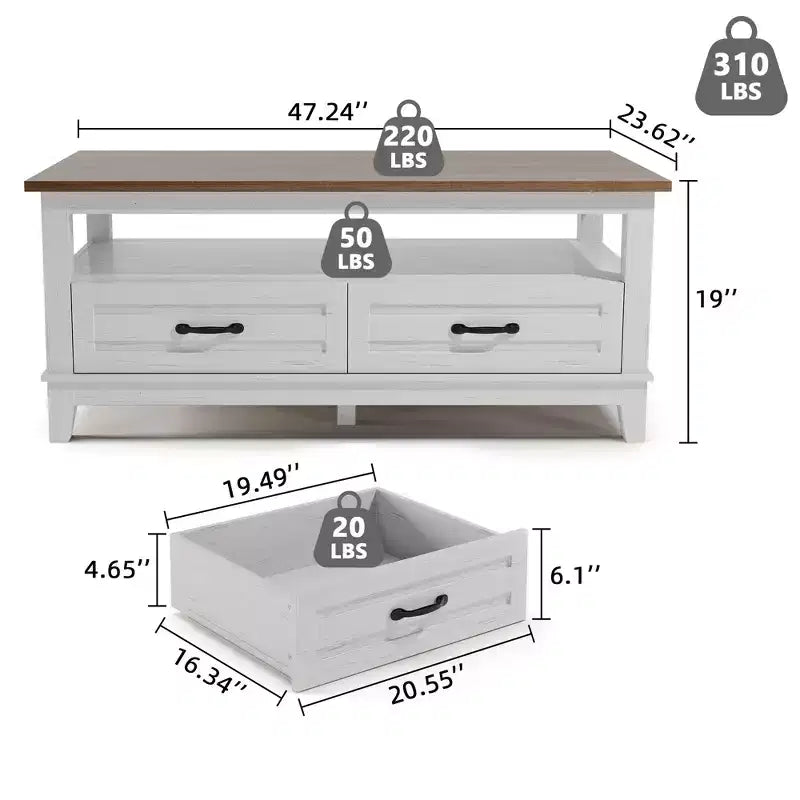 Coffee table with drawers, 47.2 inches, country style, with open shelving and 6 support legs.