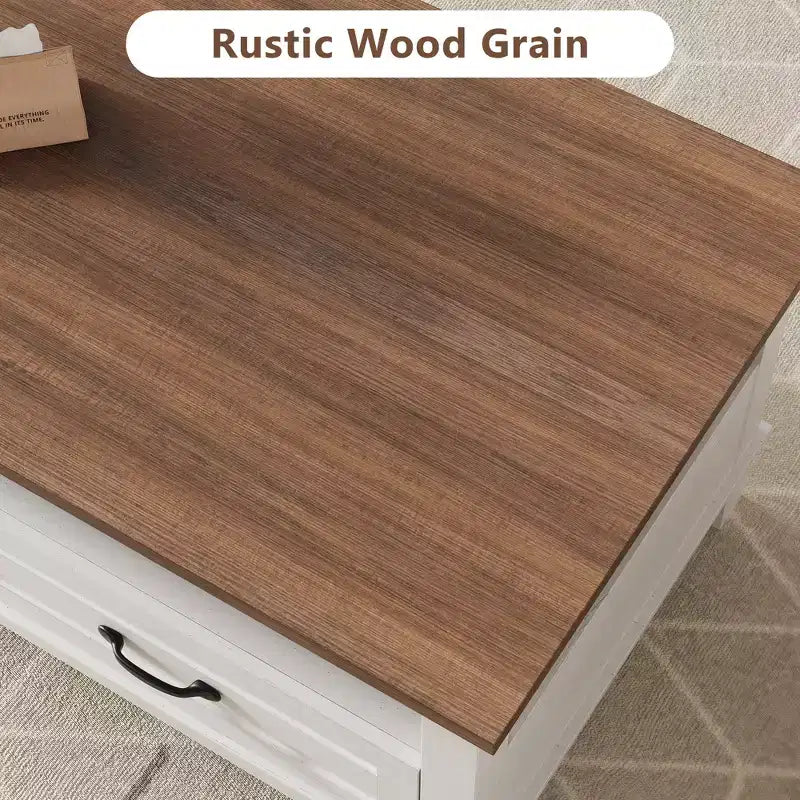 Coffee table with drawers, 47.2 inches, country style, with open shelving and 6 support legs.