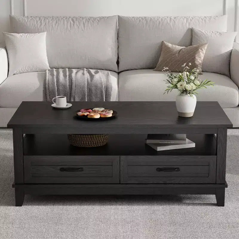 Coffee table with drawers, 47.2 inches, country style, with open shelving and 6 support legs.