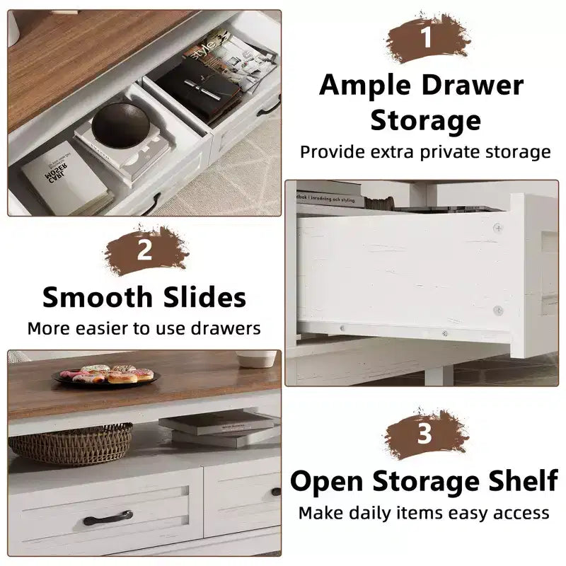 Coffee table with drawers, 47.2 inches, country style, with open shelving and 6 support legs.