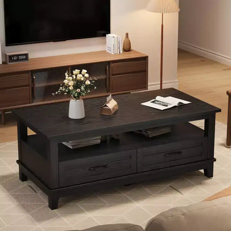 Coffee table with drawers, 47.2 inches, country style, with open shelving and 6 support legs.
