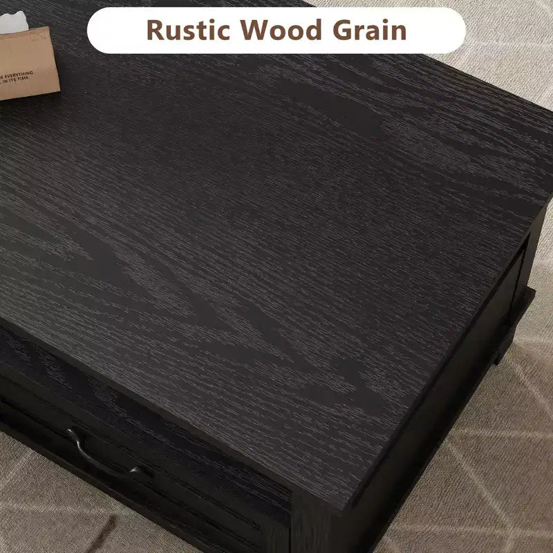 Coffee table with drawers, 47.2 inches, country style, with open shelving and 6 support legs.