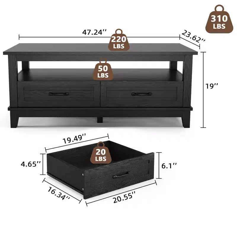 Coffee table with drawers, 47.2 inches, country style, with open shelving and 6 support legs.